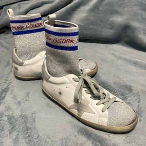 Women’s Golden Goose silver ankle sock white leather sneaker size: EUR 38 US 8